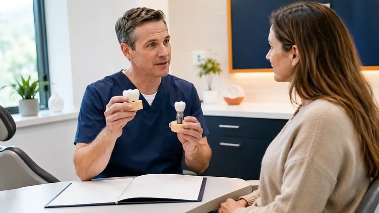 Dentist explaining crown and implant models to a patient during a coverage discussion