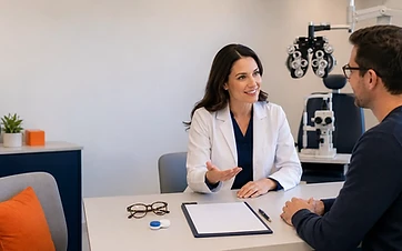 Optometrist explaining eye exam, glasses, and contact lens benefits to a patient