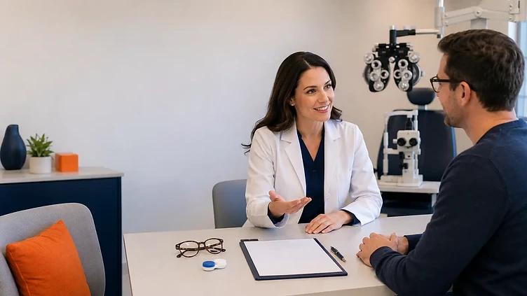 Optometrist explaining eye exam, glasses, and contact lens benefits to a patient