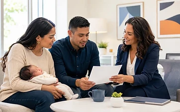 Parents holding their newborn while reviewing health insurance enrollment steps with a licensed agent