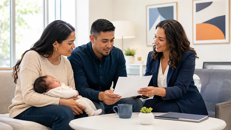 Parents holding their newborn while reviewing health insurance enrollment steps with a licensed agent