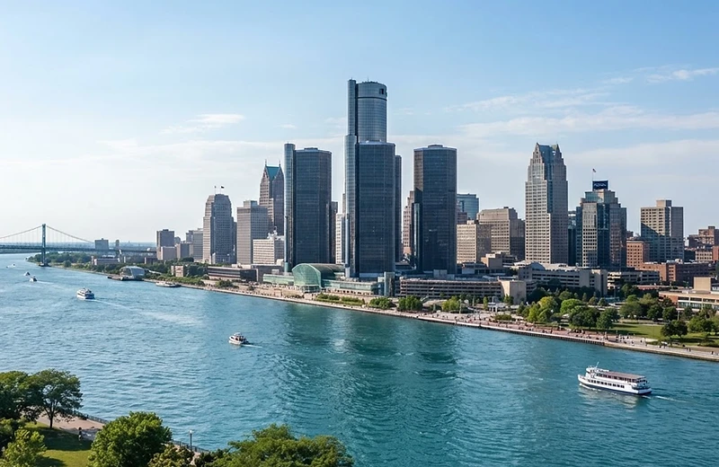 Detroit skyline and the Renaissance Center for insurance guidance in Michigan