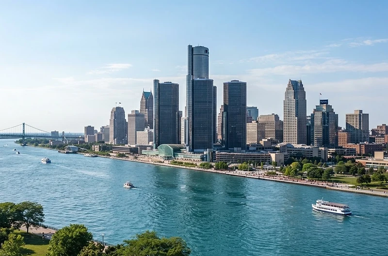 Detroit skyline and the Renaissance Center for insurance guidance in Michigan