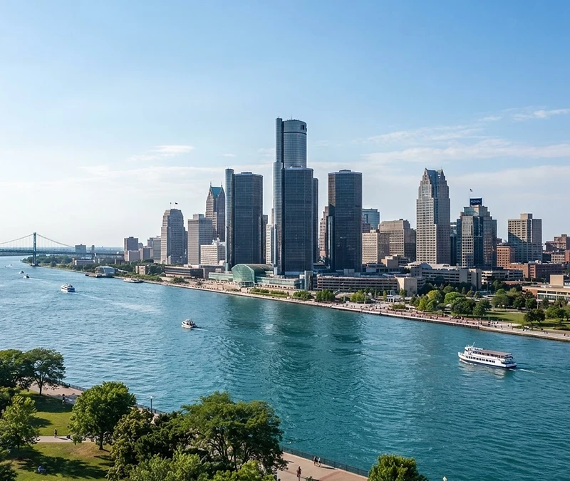 Detroit skyline and the Renaissance Center landmark for insurance guidance