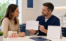 Dentist explaining a dental coverage timeline to a patient before enrollment