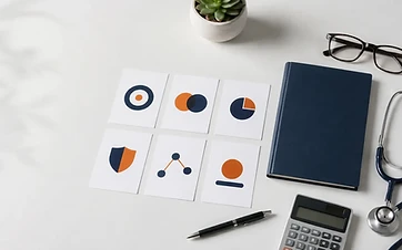 Health insurance glossary represented by organized benefit concept cards and planning tools