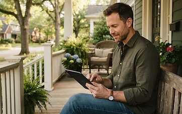 A man completing a life insurance health questionnaire on a tablet on his front porch in warm daylight
