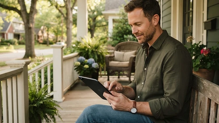 A man completing a life insurance health questionnaire on a tablet on his front porch in warm daylight