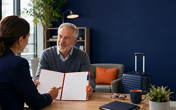 Older traveler reviewing a blank pre-existing-condition checklist with an insurance educator