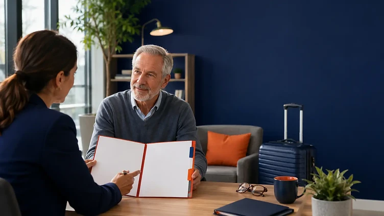 Older traveler reviewing a blank pre-existing-condition checklist with an insurance educator