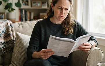 A person in their late 30s on a sofa reading a printed multi-page booklet with a slightly skeptical expression in natural window light