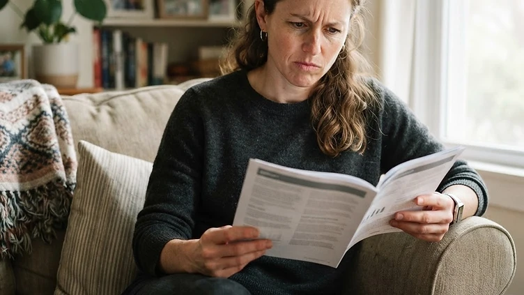 A person in their late 30s on a sofa reading a printed multi-page booklet with a slightly skeptical expression in natural window light