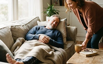 A man recovering at home on a sofa while a family member brings him tea in warm afternoon light
