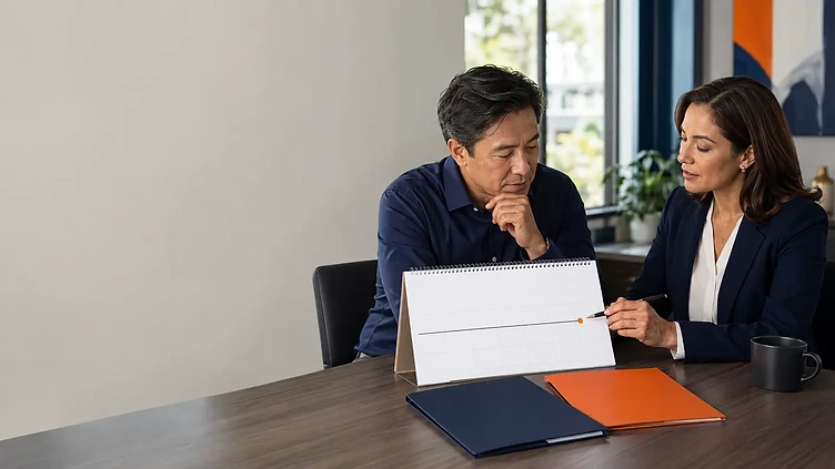 Policyholder and insurance educator reviewing a term-life conversion timeline