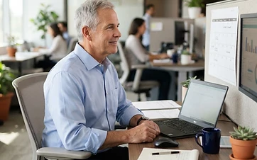 An American man in his mid-60s in business casual attire at his workplace desk glancing at a wall calendar near his monitor in natural daylight
