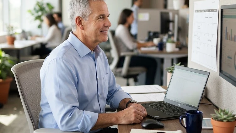 An American man in his mid-60s in business casual attire at his workplace desk glancing at a wall calendar near his monitor in natural daylight