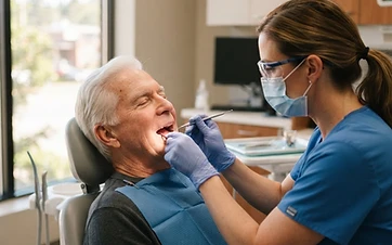 An American man in his 70s with white hair having a routine dental cleaning in a bright modern American dental office
