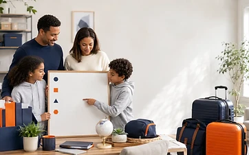Family preparing for a move abroad with an international health insurance checklist