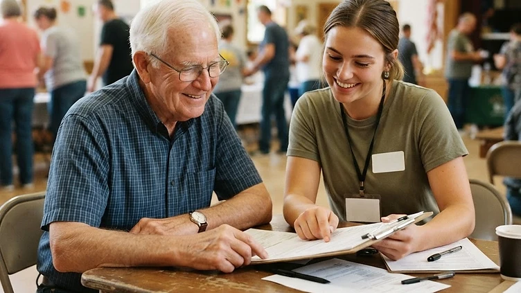 An older American man in his 70s seated at a table in a community center, a smiling younger female volunteer beside him pointing at a clipboard of forms, both smiling, soft daylight