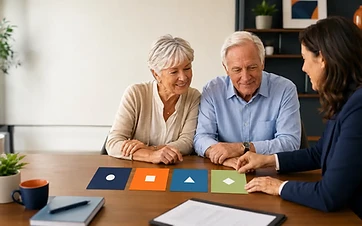 Senior couple reviewing four equal cards that represent the parts of Medicare