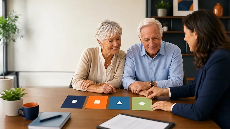Senior couple reviewing four equal cards that represent the parts of Medicare