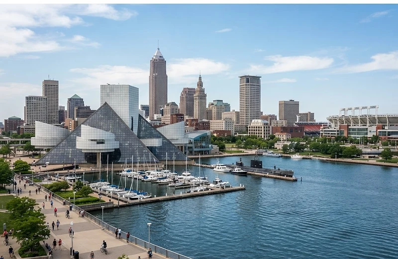 Cleveland waterfront skyline and the Rock and Roll Hall of Fame representing insurance services in Ohio