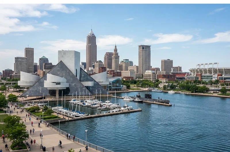 Cleveland waterfront skyline and the Rock and Roll Hall of Fame representing insurance services in Ohio