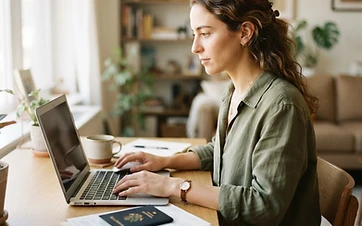 A young professional woman preparing visa and residency documents at her desk next to a laptop in warm daylight