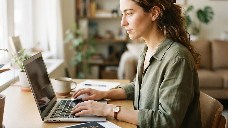 A young professional woman preparing visa and residency documents at her desk next to a laptop in warm daylight