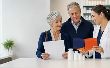 Senior couple and pharmacist reviewing a Medicare drug-formulary checklist