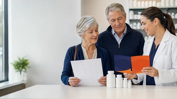 Senior couple and pharmacist reviewing a Medicare drug-formulary checklist