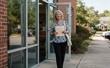 An American woman in her late 60s with silver hair stepping out of a suburban American medical clinic holding a small folder, casual clothing, clear daylight