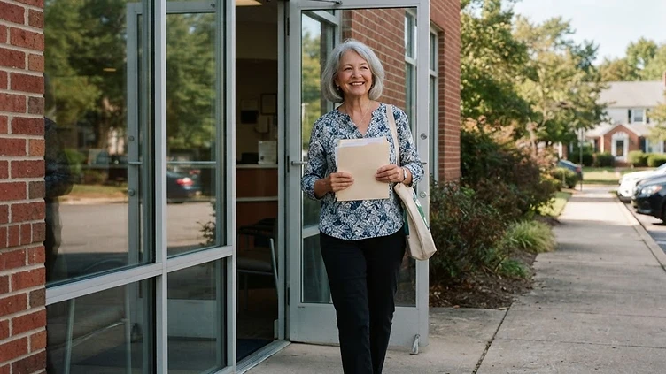An American woman in her late 60s with silver hair stepping out of a suburban American medical clinic holding a small folder, casual clothing, clear daylight