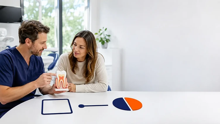 Dentist and patient reviewing abstract cards for a dental maximum, deductible, and coinsurance
