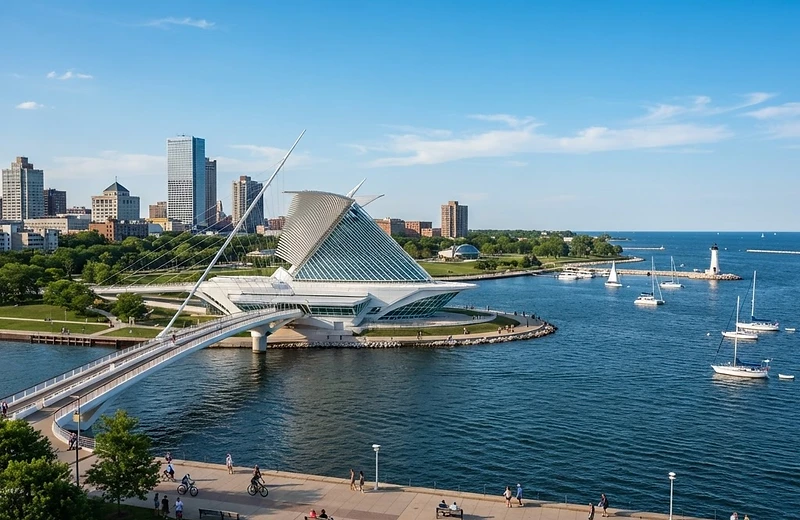 Milwaukee waterfront and the Milwaukee Art Museum reflecting insurance options in Wisconsin