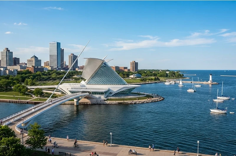 Milwaukee waterfront and the Milwaukee Art Museum reflecting insurance options in Wisconsin