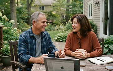 A couple in their late 50s having morning coffee on a backyard deck with a laptop open between them in soft morning light