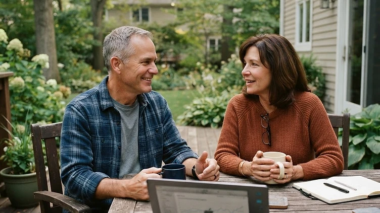 A couple in their late 50s having morning coffee on a backyard deck with a laptop open between them in soft morning light
