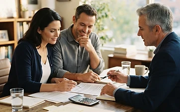 A couple reviewing indexed universal life policy documents with a financial professional at an office desk in warm daylight
