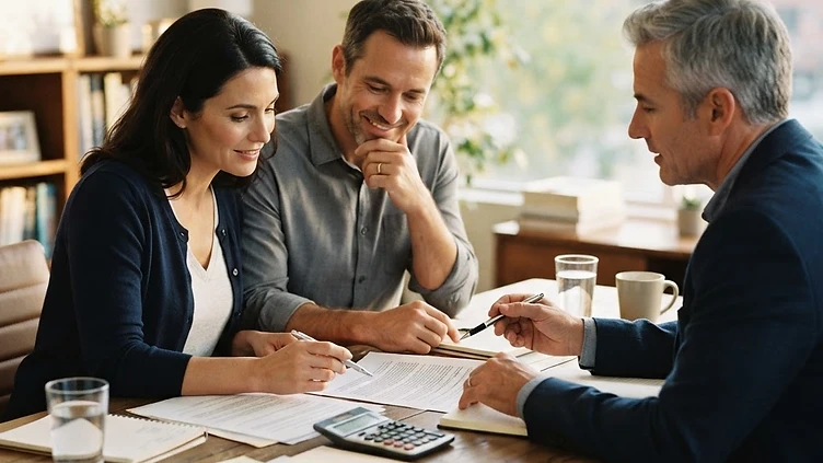 A couple reviewing indexed universal life policy documents with a financial professional at an office desk in warm daylight