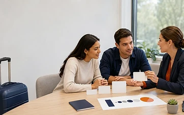 Visitors and an insurance educator comparing blank cards that represent cost-sharing terms