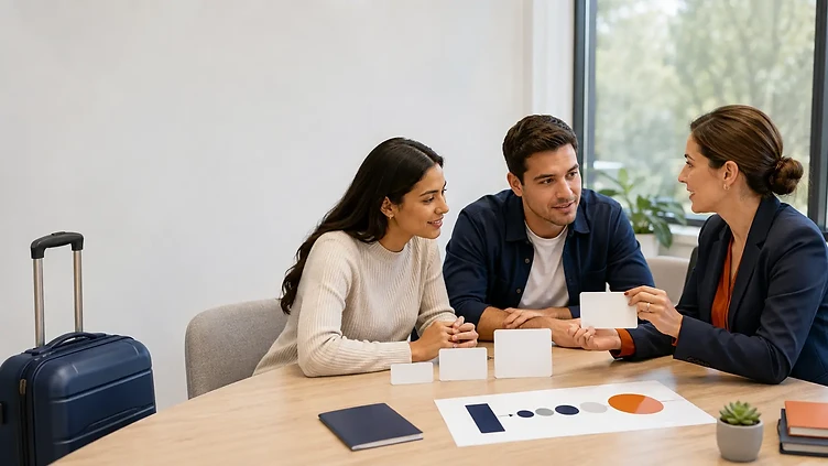 Visitors and an insurance educator comparing blank cards that represent cost-sharing terms