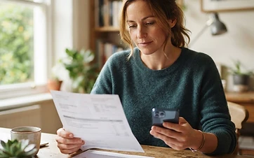 A person at a desk calmly holding a printed paper statement and a smartphone, soft window light, home office