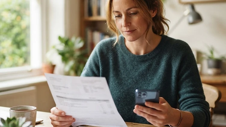 A person at a desk calmly holding a printed paper statement and a smartphone, soft window light, home office