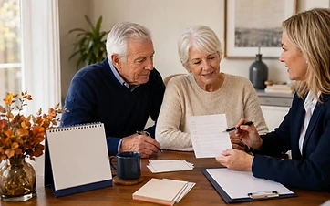 Senior couple reviewing an annual Medicare plan checklist with an independent advisor