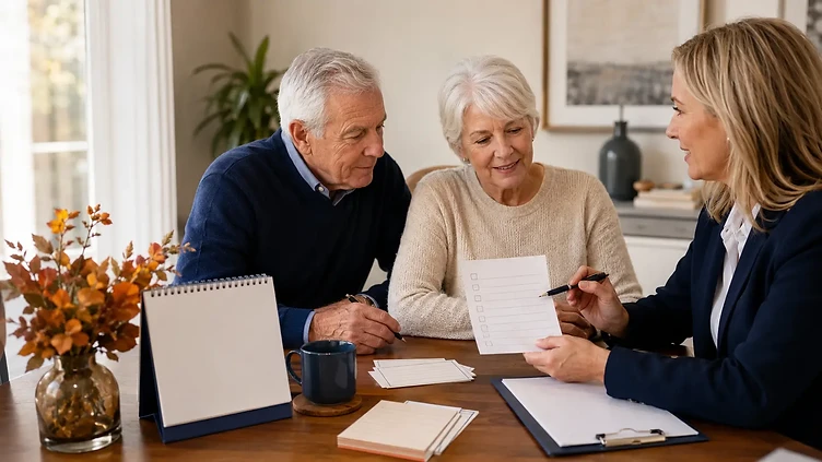 Senior couple reviewing an annual Medicare plan checklist with an independent advisor