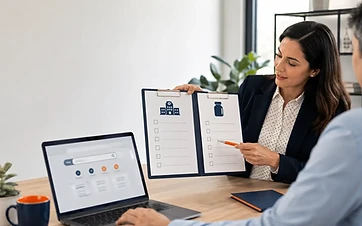 Insurance educator showing provider-network and prescription-formulary checklists