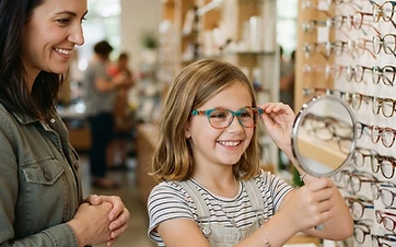An eight-year-old American child smiling while trying on colorful eyeglass frames at an optical display in a modern optical shop, a parent standing nearby