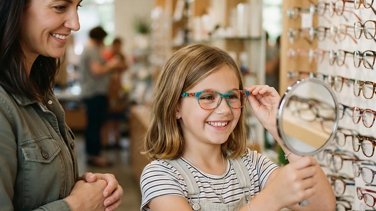 An eight-year-old American child smiling while trying on colorful eyeglass frames at an optical display in a modern optical shop, a parent standing nearby