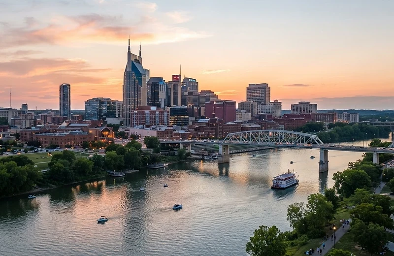 Nashville skyline and the Cumberland River illustrating insurance services in Tennessee